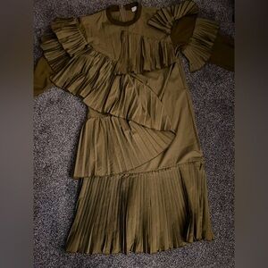 Marigold Shadows: Olive, longsleeve, midi-dress with ruffled pleating.